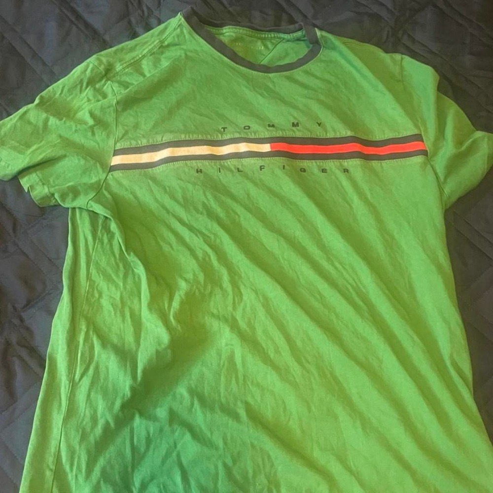 TOMMY HILFIGER Retro Embroidered Stripe Logo Green Short Sleeve Tee Medium